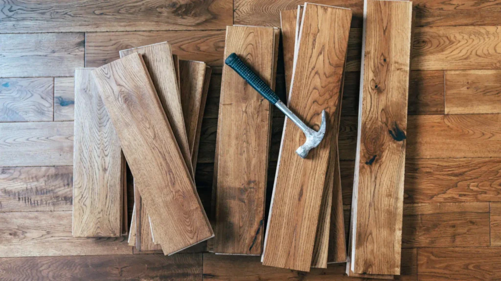 wooden floor with pieces of wood and a hammer on top of it 1920x1080 1